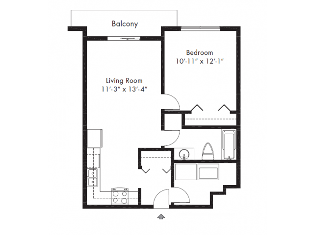 Floor plan for 1 bed, 1 bath, 581 sqft